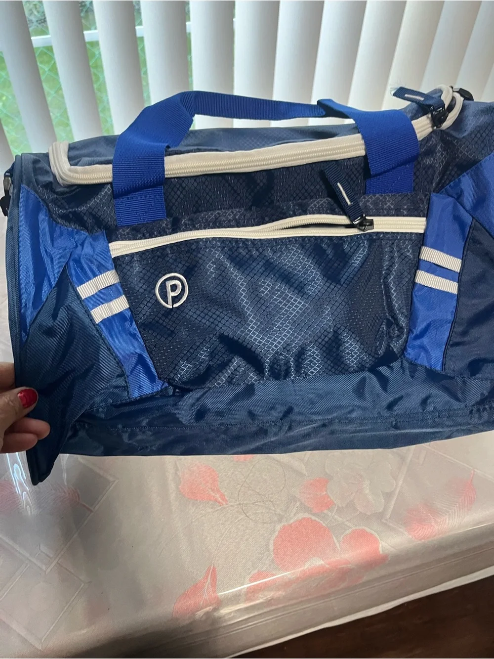 Men's Navy Blue Duffel Bag with White Trim and Dual Carry Handles